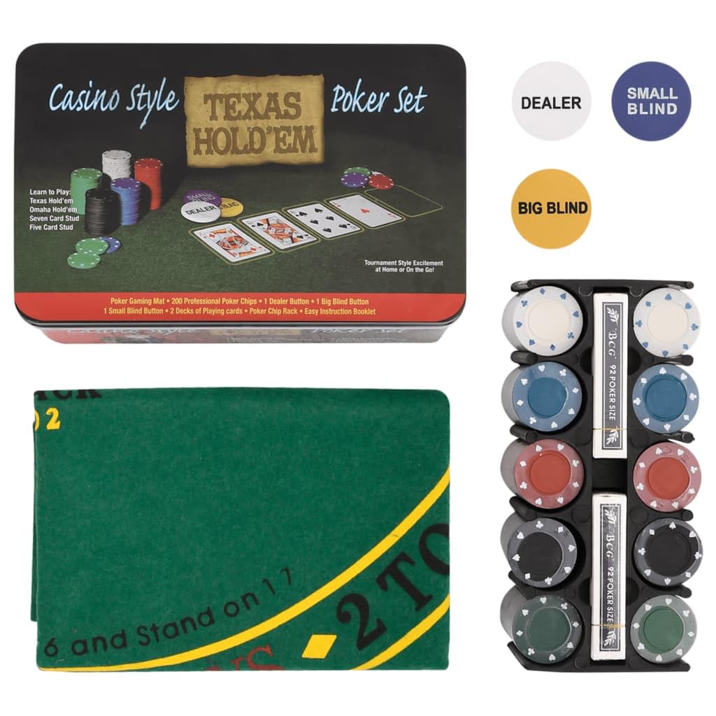 Pokerchips-Set 200 Stück mit Koffer, Spielmatte, Dealer-Button und Kartendecks für Texas Holdem, Blackjack, Roulette, Gesellschaftsspiele für Party und Turnier in DE