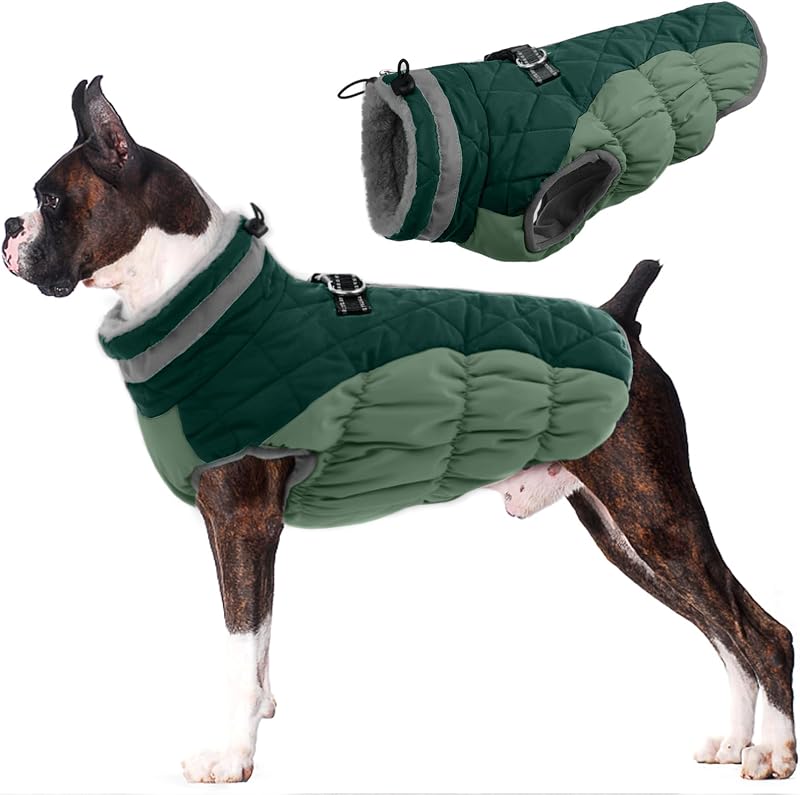 Lelepet Abrigo para Perros Grandes campera Impermeable para Perros con Arnés Incorporado | Abrigos de invierno cálidos reflectantes Abrigos para clima frío Chaleco polar con cremallera para mascotas Traje de nieve con cuello alto Boston Terrier Verde azulado L