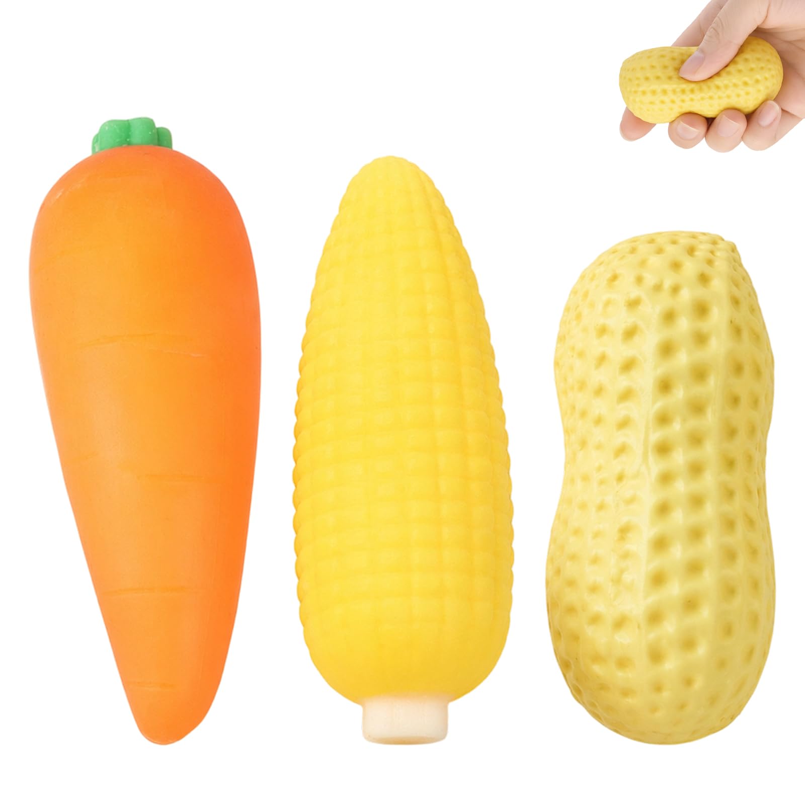 PDMYUG 3PCS Carrot Squishy and Peanut Squishy, Desktop Decorations for Focus, Carrot, Peanut and Corn Set for Desk and Office Use, Adorable Collectible Items for Management and Gifting