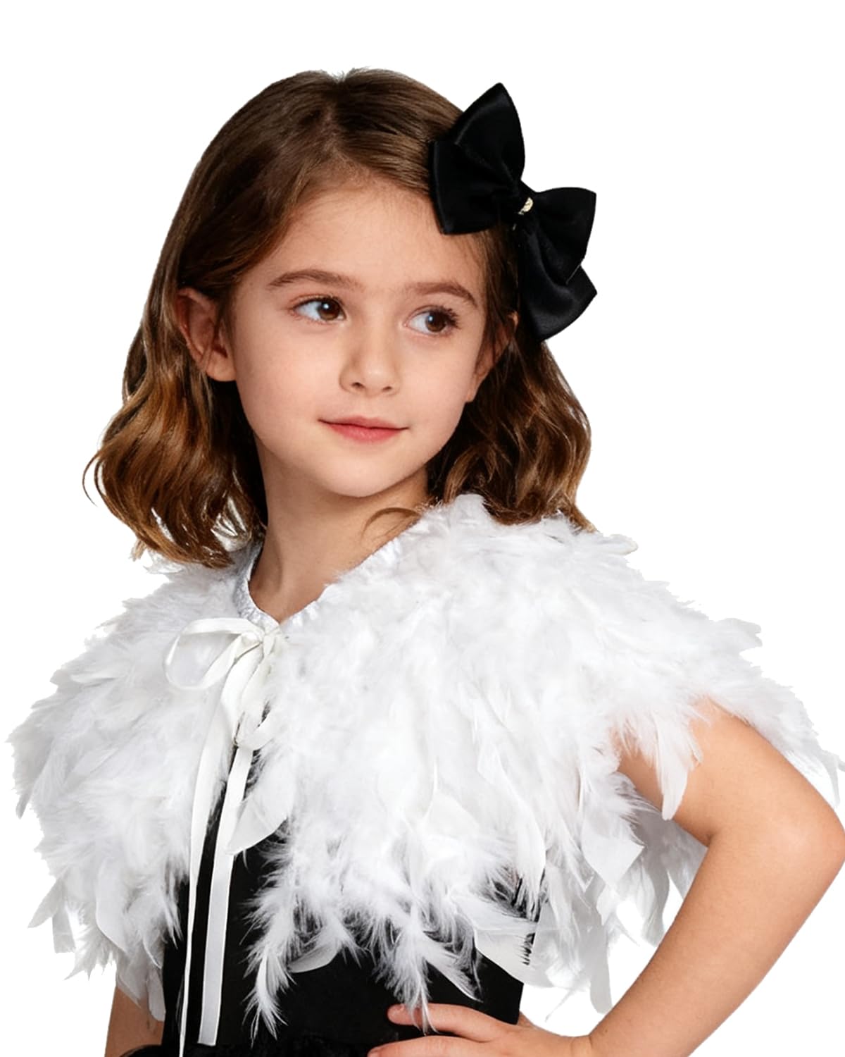 L'VOW Fashion Kids Feather Capes Stole Shawl Iridescent for Game Party Hallowmas (White-Flakes)