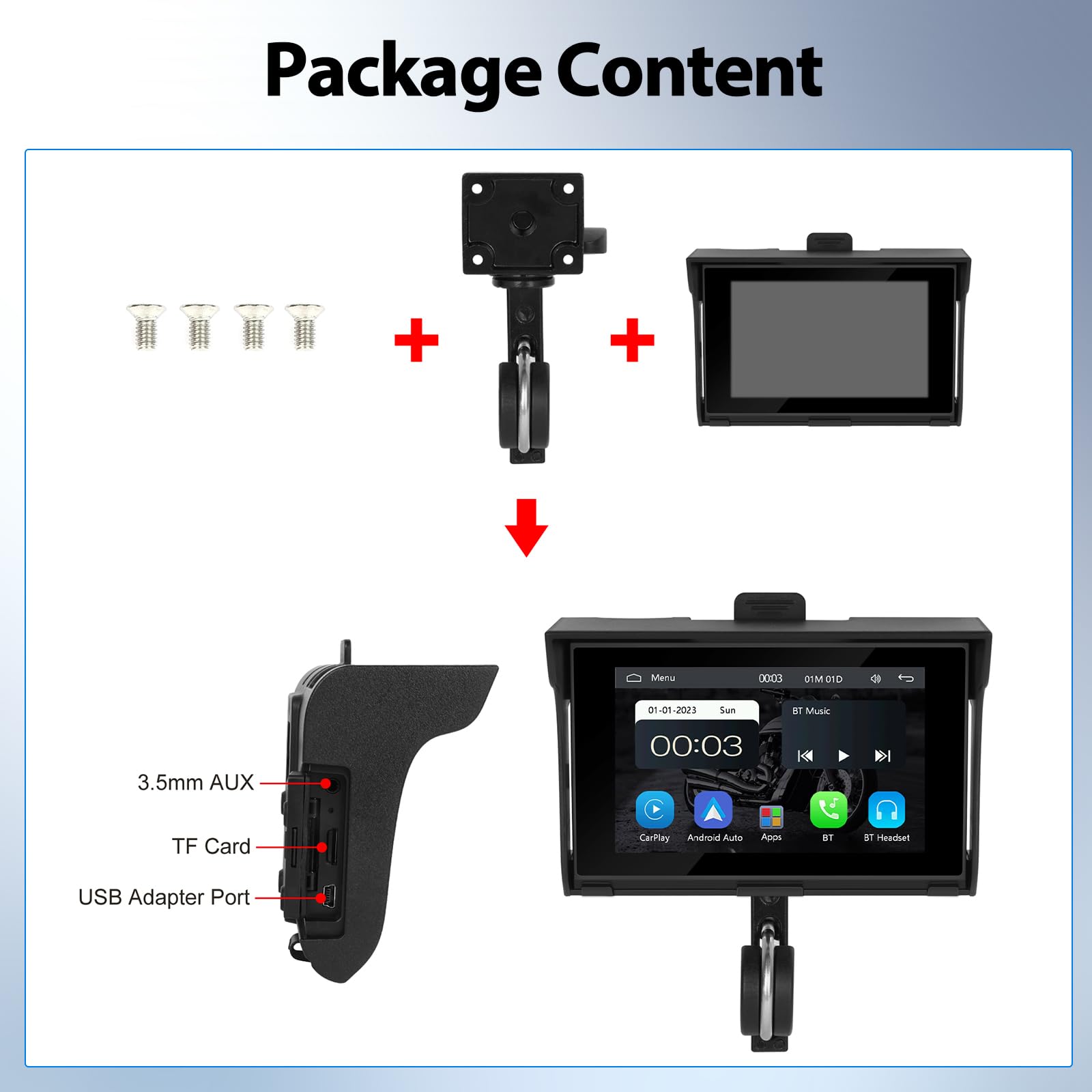 CAMECHO Motorrad GPS Carplay Bildschirm, Kabelloses CarPlay und Android Auto, Tragbarer 7 Zoll Wasserdichter Bluetooth Touchscreen mit Dual Bluetooth, EQ, Navigation, Siri