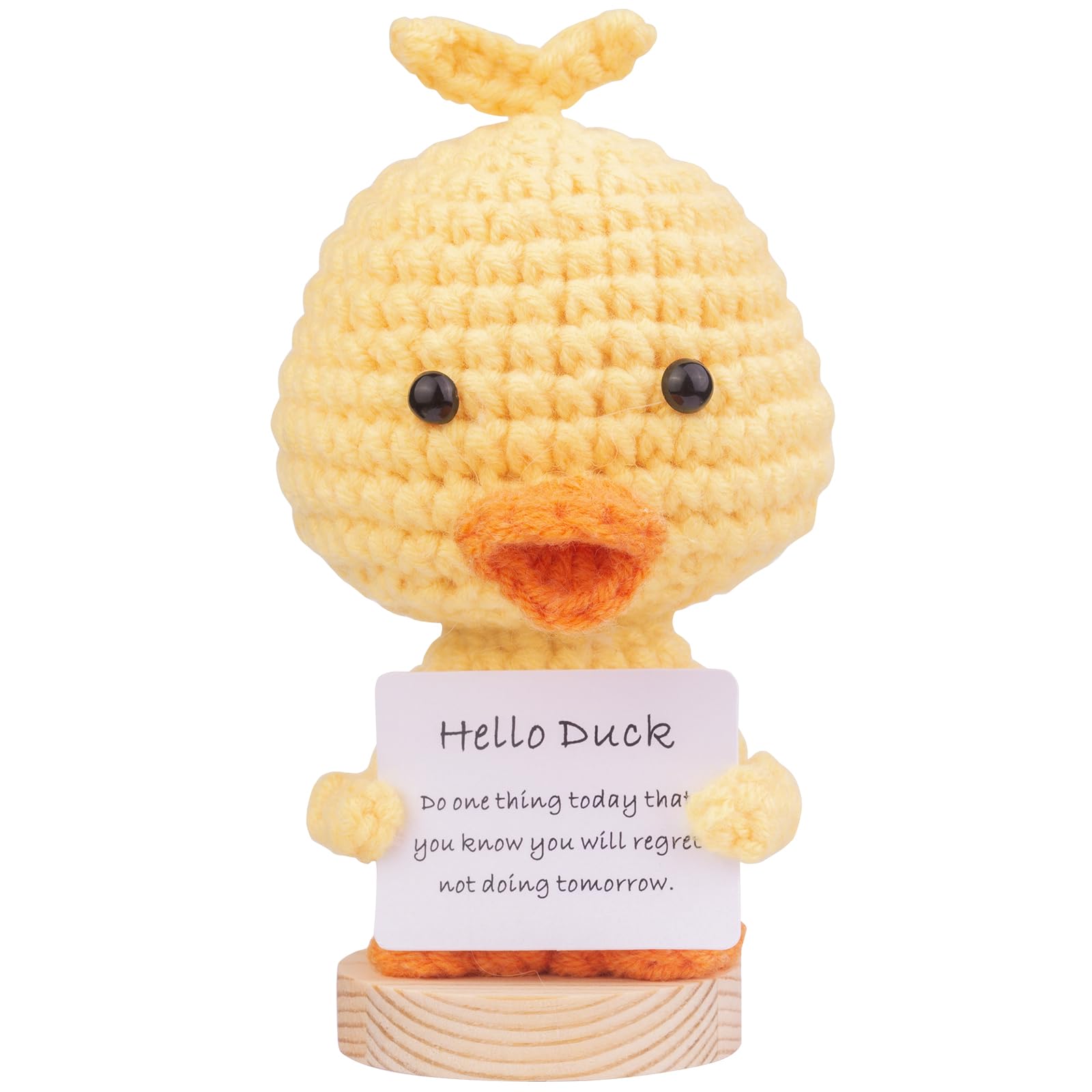 Funny Positive Duck Gift, Cute Knitted Duck Doll with Front Card and Wooden Base.Birthday Party Gift Car Decoration Room Office Decoration Encouragement Duck(A20)