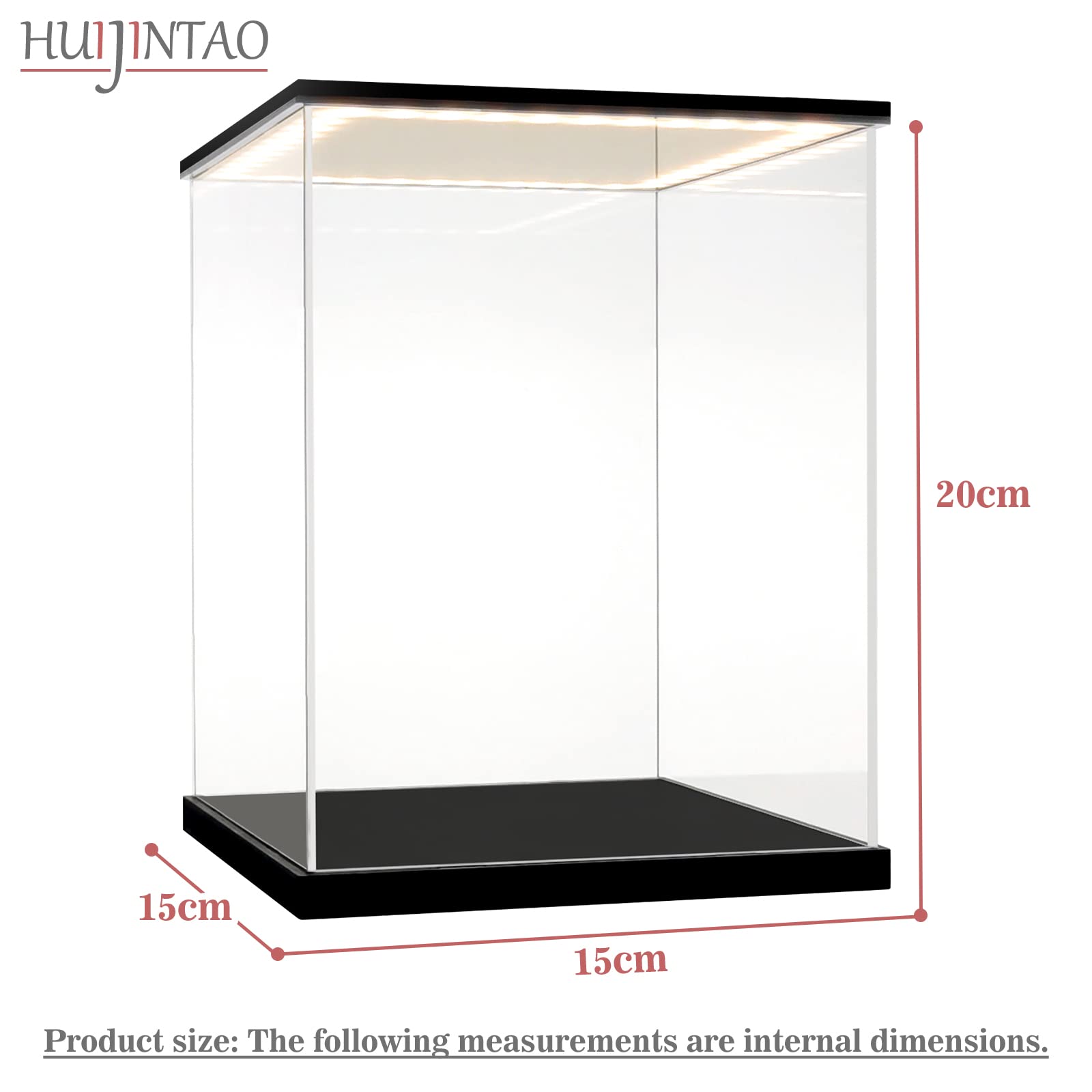 Vetrina in Acrilico con luci a LED e Interruttore, Teca Plexiglass Cubo Contenitori Scatola Vetrina Espositiva per Modellismo, Collezionismo, Figure, Statuette (15x15x20 cm)