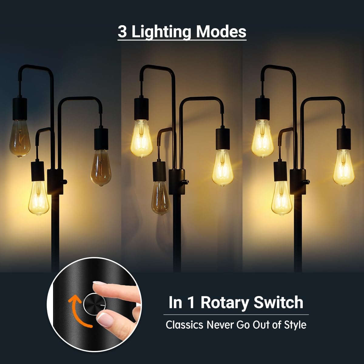 Black Industrial 3-Light Adjustable Floor Lamp with E26 Sockets