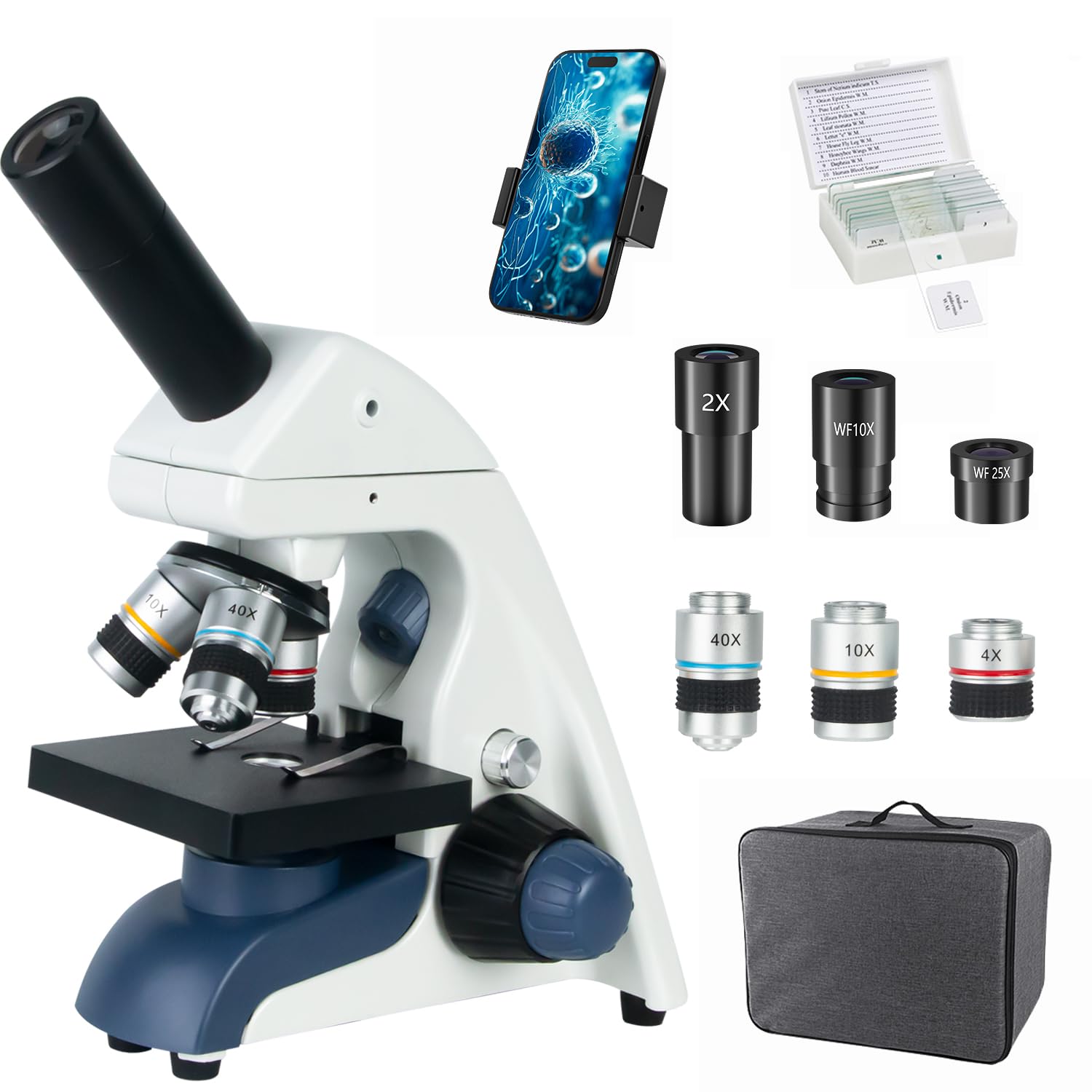 Microscopi monoculari composti professionali per adulti, bambini 8-12 e studenti | Ingrandimento 40X-2000X per laboratorio e casa microscopio con supporto per telefono, set completo di