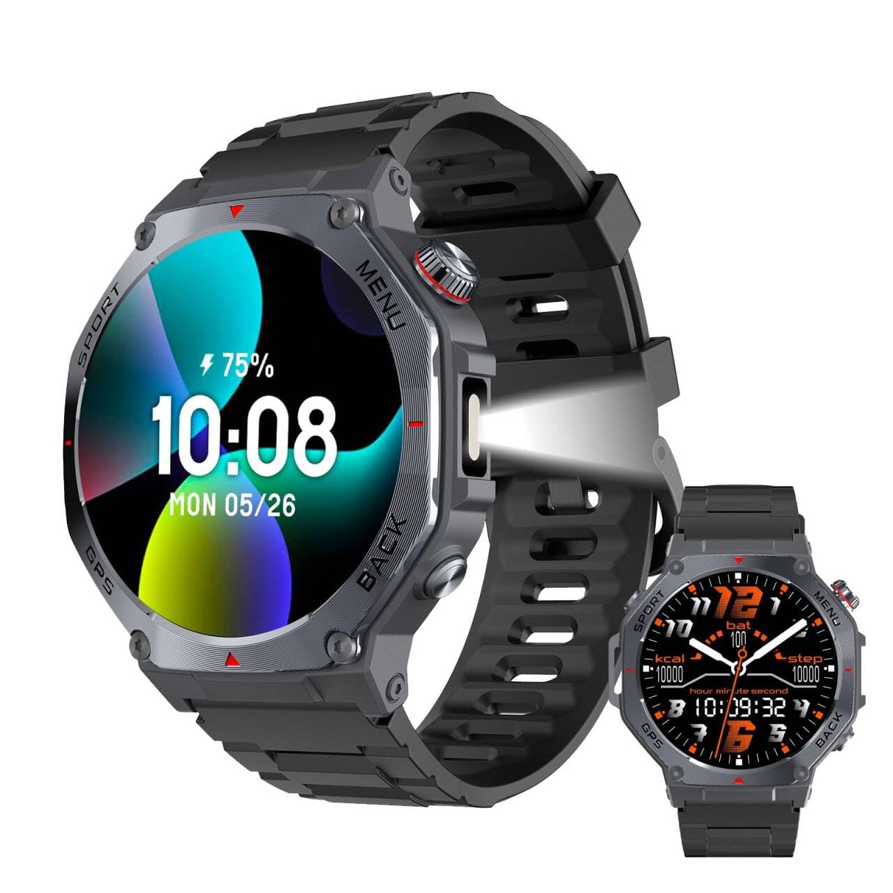 Reloj Inteligente Hombres con GPS, Militar Estilo, 170+ Modos Deportivos, 1.43" AMOLED, Linterna, Smartwatch para Android & iOS, Llamadas Bluetooth, Pulsometro/Sueño, Brújula/Altímetro, 3ATM, Negro