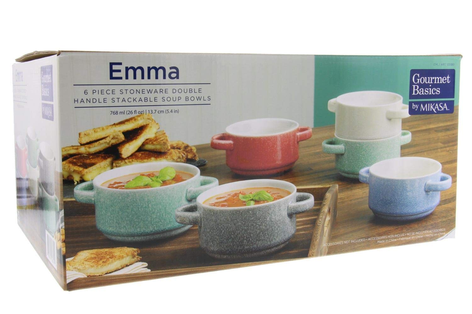 Gourmet Basics Emma by Mikasa - Double Handle Stackable Bowls w/Durable Stoneware & Speckled Glaze Finish–Microwave & Dishwasher Safe–Great for Soups, Chili, Stews, Side Dishes, 26oz, Set of 6