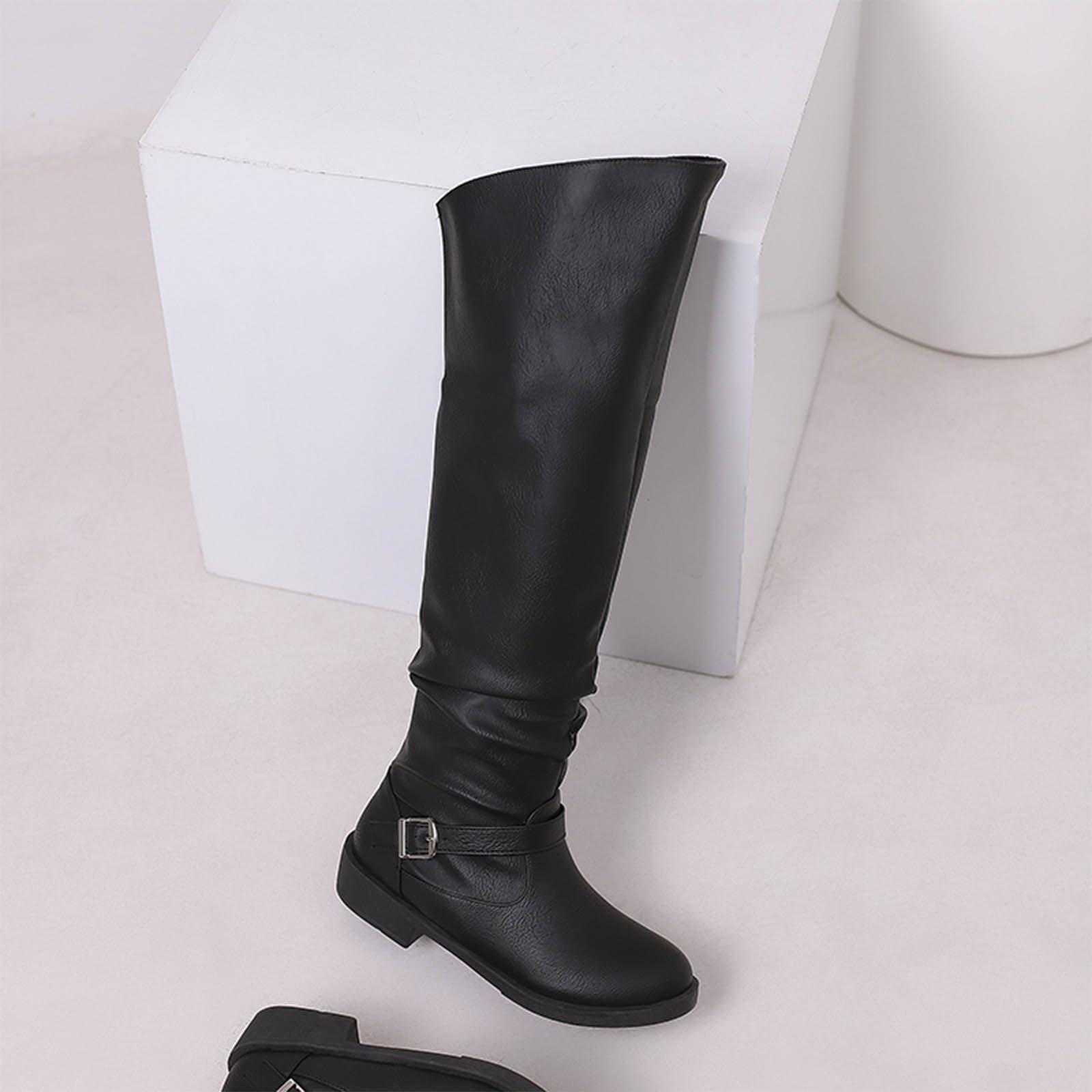 Damskie buty średniej wysokości z klapą klamrą paska, okrągłe noski, wsuwane, długie kozaki, półcholewka, eleganckie damskie buty do wody, buty zimowe