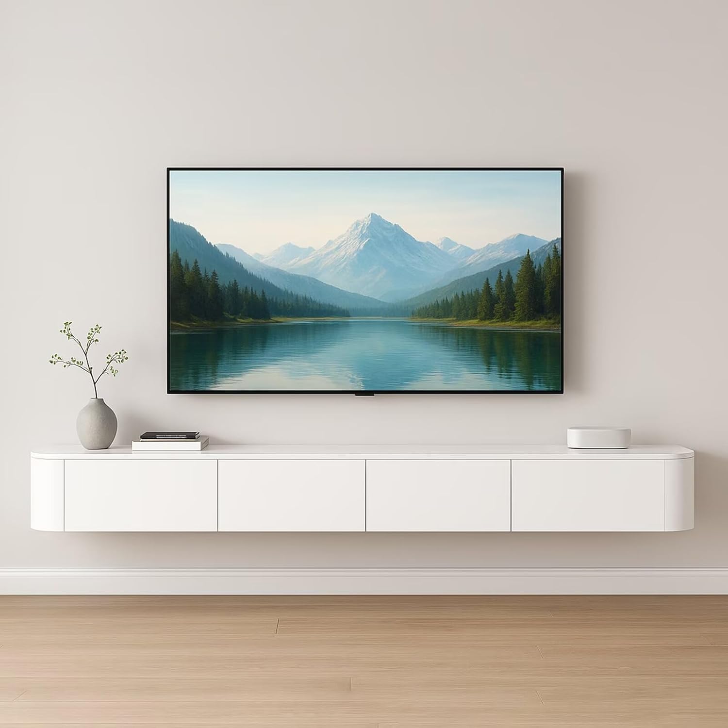 Pre-Assembled Floating TV Stand with Drawers, Rubberwood Wall Mounted TV Console, Modern Media Console for Living Room, Space-Saving Floating TV Cabinet (White, 94.5in/240cm)