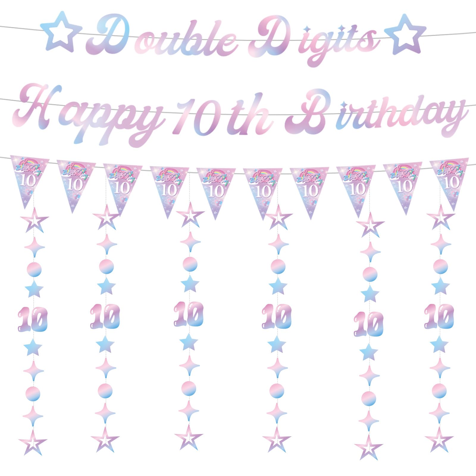 PURCAFT 10th Birthday Decorations Set for Girls – Laser Double Digits Birthday Party Supplies Include Happy 10th Birthday Banners Bunting Hanging Swirls for 10 Years Old Party