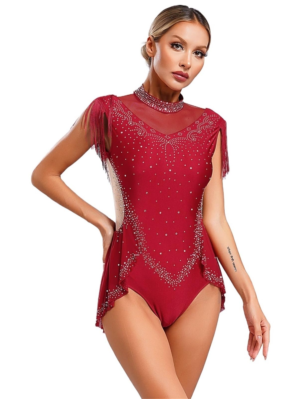 Latin Tanzkleid Eiskunstlauf-Bodysuit Damen Glitzernder Latein-Trikot Für Tanz