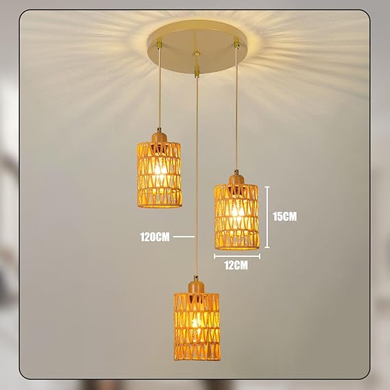 CRFASIBE Hanglamp met 3 Lampen, Hanglamp van Rotan voor Keuken, Verstelbare Hanger, Retro Kroonluchter voor Woonkamer, Slaapkamer, Badkamer, Restaurant(Goud) photo 2