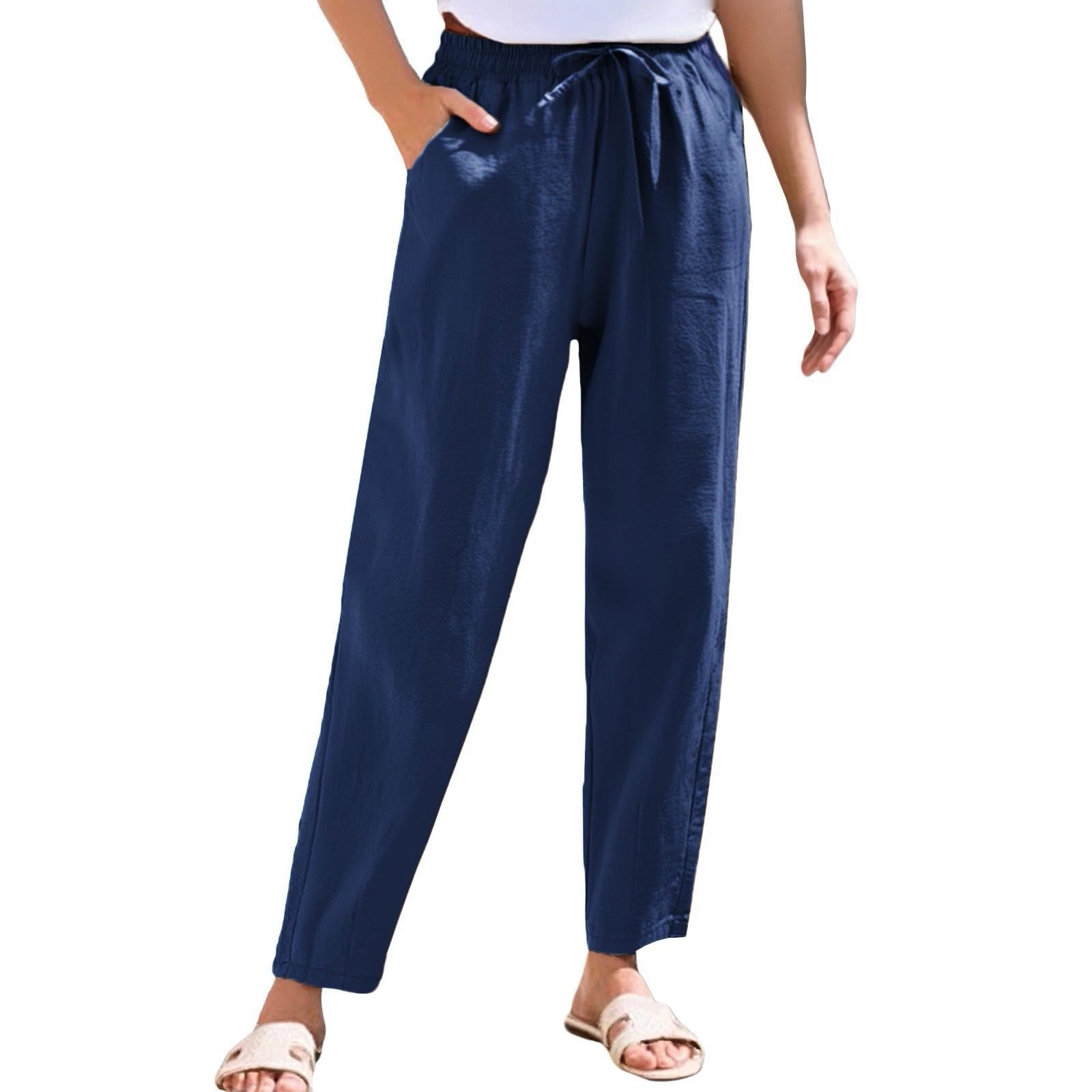 NBXNZWF Women's Cotton Linen Straight Leg Pants Elastic Drawstring Casual Trousers Summer Beach Lounge Pants with Pockets