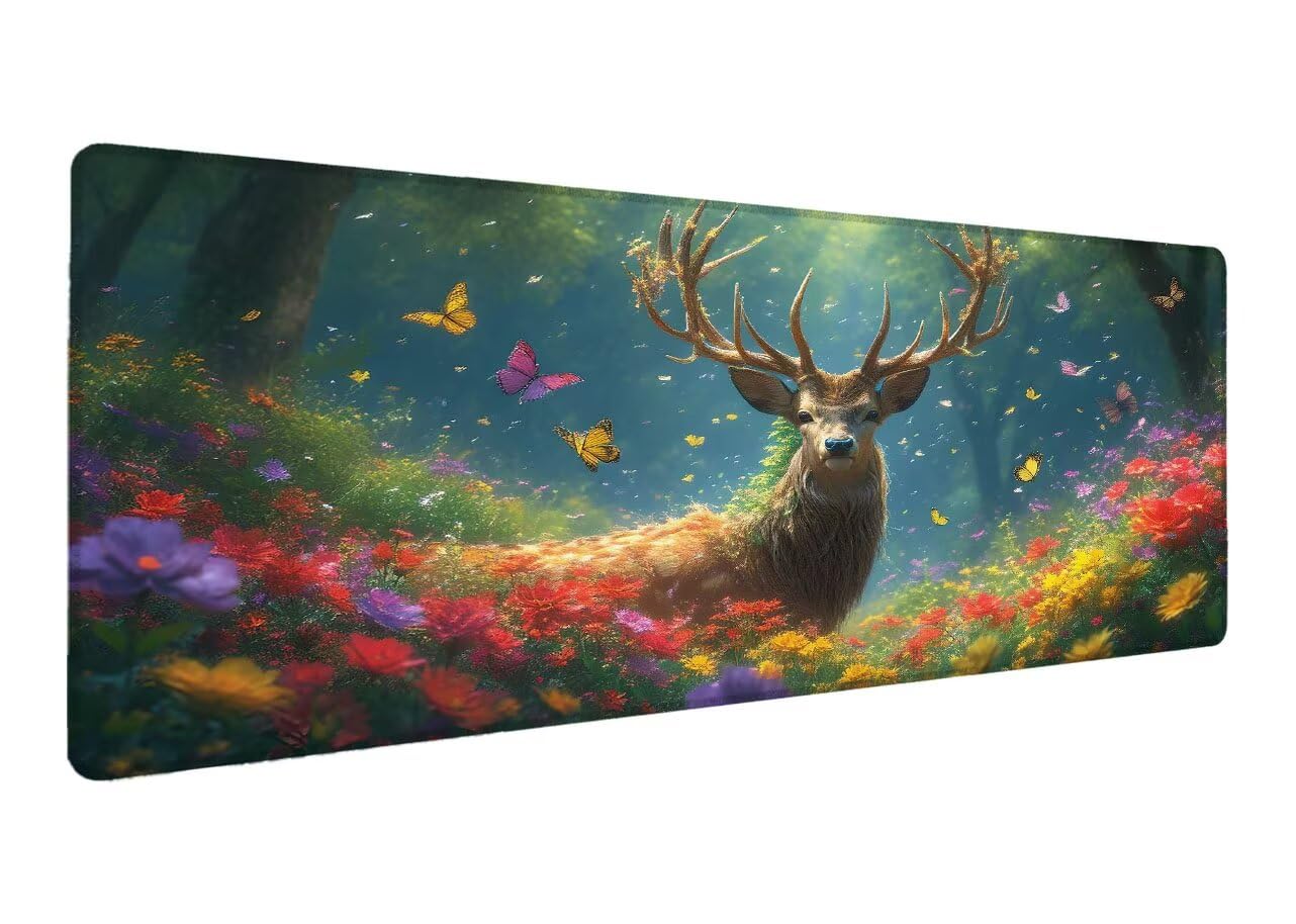 Podkładka pod mysz, do gier, jeleń, 1200 x 600 x 3 mm, duża podkładka pod mysz, leśna, antypoślizgowa gumowa podstawa, akcesoria do klawiatury, wodoodporna powierzchnia, przeszyte krawędzie, ulepszona