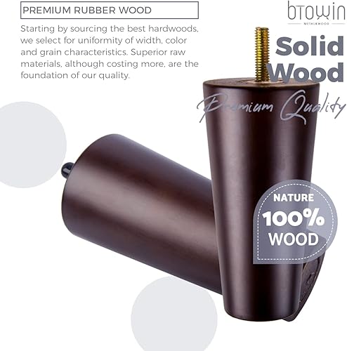 Miniatura 2 de Patas para muebles de madera maciza de 5 pulgadas, 4 patas de repuesto de madera de nogal modernas de mediados de siglo con pernos roscados de 516