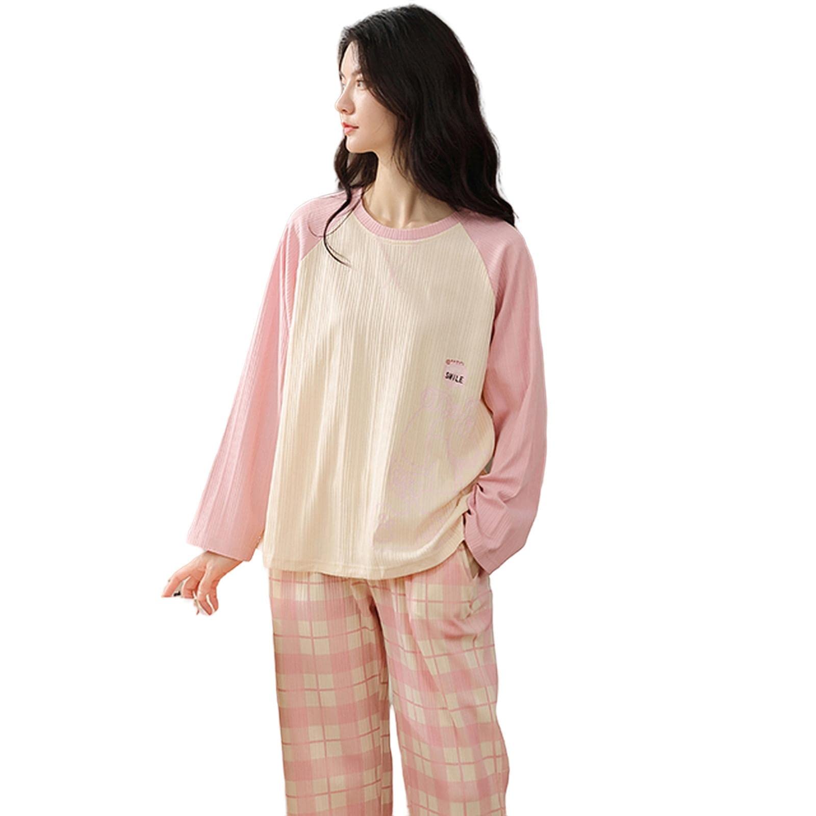 MOGSA Pijama para mujer, primavera, otoño, de algodón, elegante, floral, conjunto de ropa de dormir, pantalones a cuadros, pijama para mujer, hogar, W23, 4Xlasian (90-100 kg)