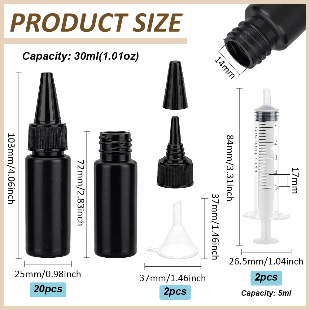 BENECREAT 20 botella Exprimible Negra de 30 ml, Botellas de Plástico A Prueba de Fugas con 3 embudo Y 2 jeringas Sin Aguja, Botellas Vacías Rellenables para Pegamento UV, Petróleo, Líquidos