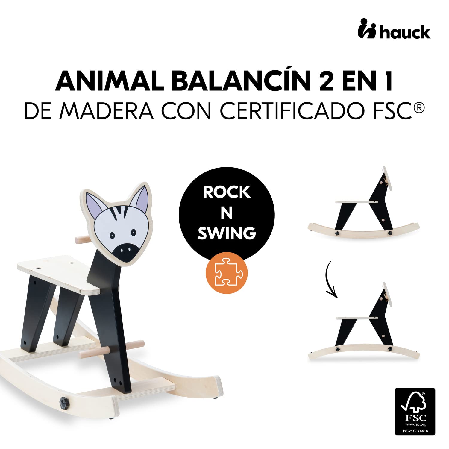 hauck Caballo Balancin Madera Certificada FSC®, Balancin Bebe a Partir de 18 Meses, Juguetes Montessori, Caballos Juguetes, Base Basculante Desmontable