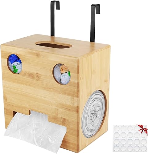 Dispensador de bolsas de basura extra grande, soporte 2 en 1 para bolsas de basura, dispensador de bolsas de basura de bambú para organización y