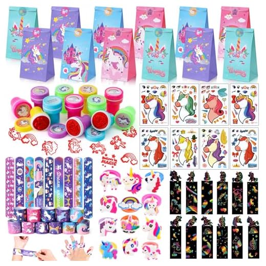 72Pcs Einhorn Party Mitgebsel Kindergeburtstag Mädchen Einhorn Kratzbilder Schlüsselanhänger Ringe Stempel DIY Aufkleber Geschenktüten Give Away Mitbringsel Geburtstag Geschenke Kinder