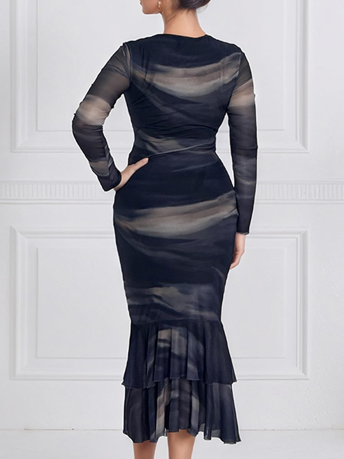 Besshopie Women's Tie Dye Long Sleeve Ruched Dresses Layered Ruffle Hem Party Cocktail Bodycon Dress for Wedding Guest - Image 5