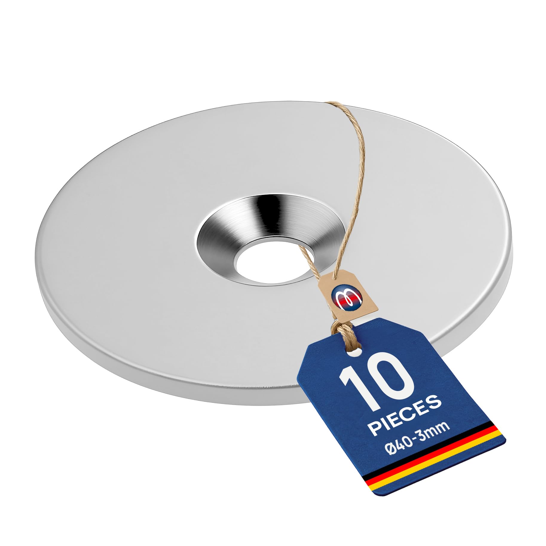 Disco metálico Ø 40 mm x 3 mm con taladro avellanado - Contrapieza para imanes, 10 piezas