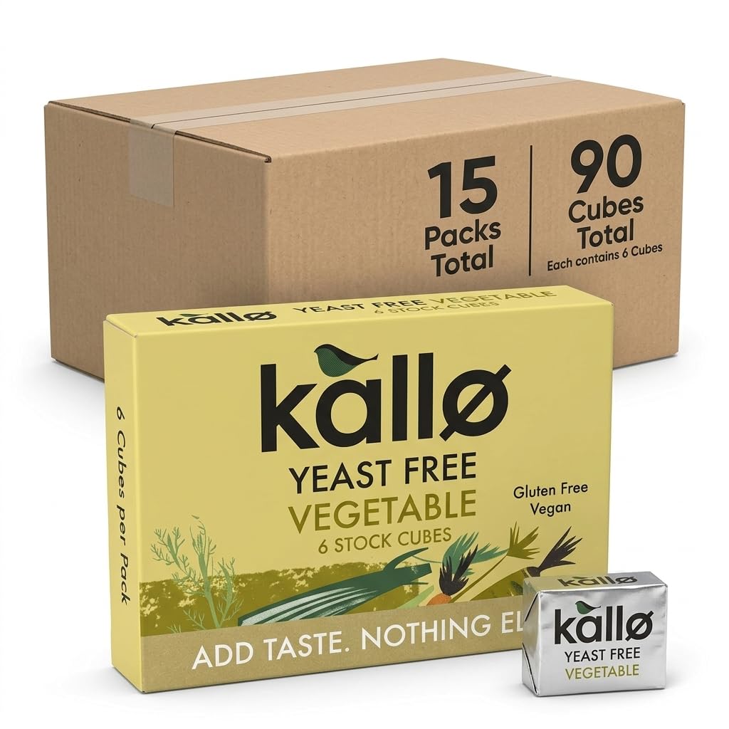 Kallo Yeast-Free Vegetable Stock Cubes, Gluten Free, Vegan & Coeliac Friendly, No Artificial Colours, Flavours or Preservatives, Premium Veg Stock for Broth, Soup, Sauce & Gravy, 90 Pack – 15 x 66g