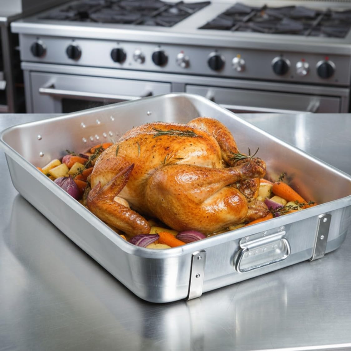 TrueCraftware- 18" x 24" x 4-1/2" Rectangular Bottom Double Roaster Pan Aluminum with dual straps - Roasting Pan Turkey Roaster Broiler Pan Great for Chicken Lamb and Vegetable