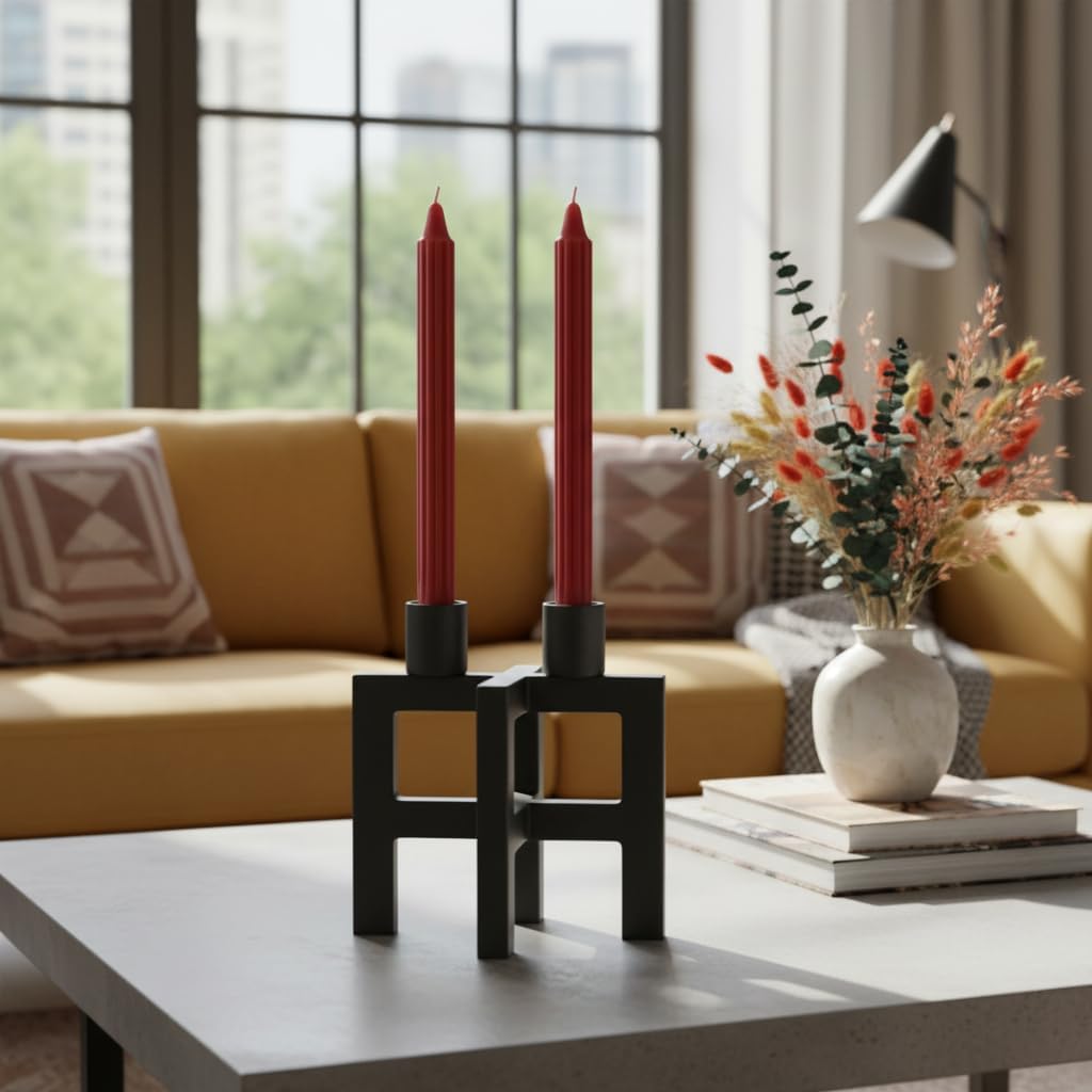 Dorica Set of 2 Decorative Fluted Candles - Bordeaux Colour - Burning Time 8 Hours - Diameter 2.5 cm Height 25 cm