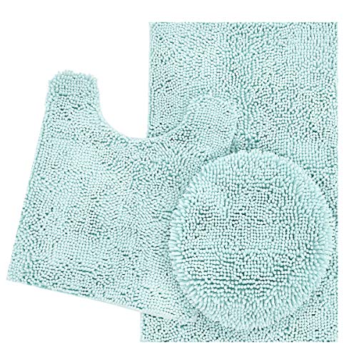 ITSOFT 3pc Non-Slip Shaggy Chenille Bathroom Mat Set, Includes U-Shaped Contour Toilet Mat, Bath Mat and Toilet Lid Cover, Machine Washable, Spa Blue