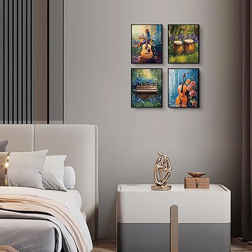 Miniatura 6 de Arte de pared con música retro, impresión en lienzo botánico de acuarela, instrumento musical y impresión de flores, póster de música rock para sala