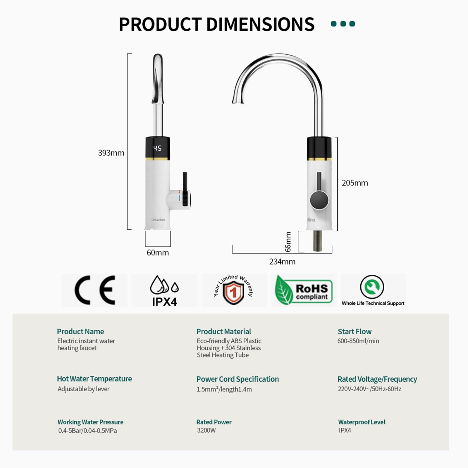 Instant Electric Hot Water Faucet, 220 V bezzbiornikowy elektryczny podgrzewacz wody, z wyświetlaczem cyfrowym (biały)