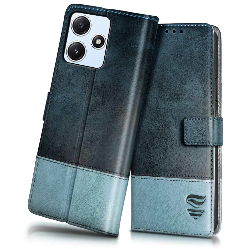 FLIPPED Vegan Leather Flip Case Back Cover for Mi Redmi 12 5G | Redmi 12 4G | Poco M6 Pro 5G (Flexible, Shock Proof | Hand Stitched Leather Finish | Card Pockets Wallet & Stand | Blue with Aquamarine) (B0CDPDFD9Y) Amazon Price History, Amazon Price Tracker