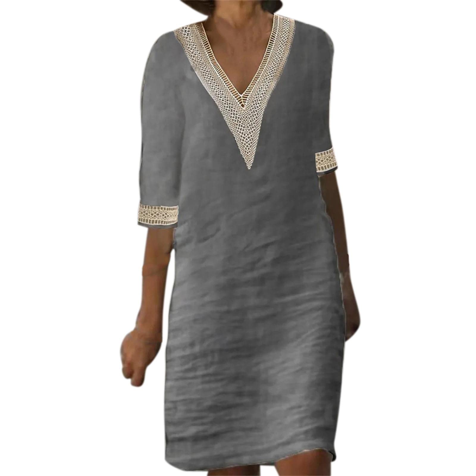 Robe Mi Longue Femme 3/4 Manches Été Col V Dentelle Épissage Droite Loose Robes Casual Pas Cher Confortable Respirant Rétro De Vacances À La Plage Grande Taille Dress
