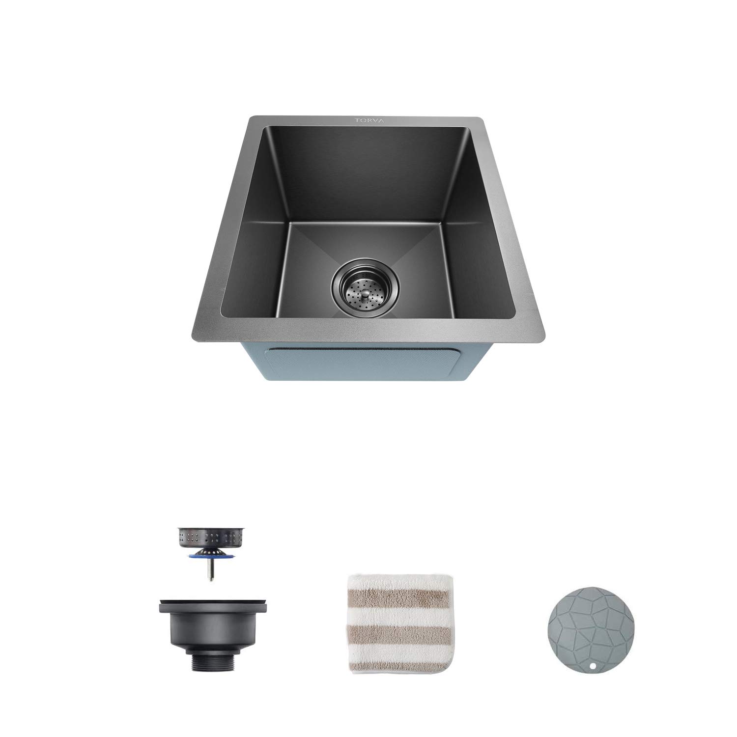 TORVA 14 x 14 Inch Gloss Black Undermount Kitchen Sink, PVD Coated Gunmetal Sink?16 Gauge T-304 Stainless Steel Single Bowl Wet Bar or Prep Sink with Zero-Radius Corners, Dark Grey