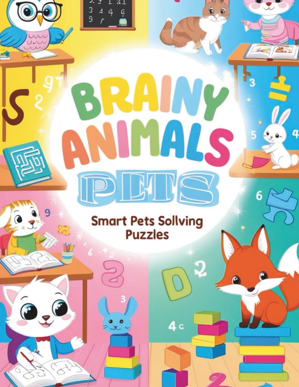 Brainy Animals: Smart Pets Solving Puzzles: 48 Fun and Educational Coloring Pages of Clever Animals Solving Mazes, Math, and Riddles!