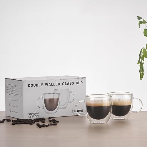 Miniatura 2 de Taza de café transparente de doble pared con asa, tazas de café aisladas (juego de 2)  5 onzas, vaso de café aislado para máquina de espresso,