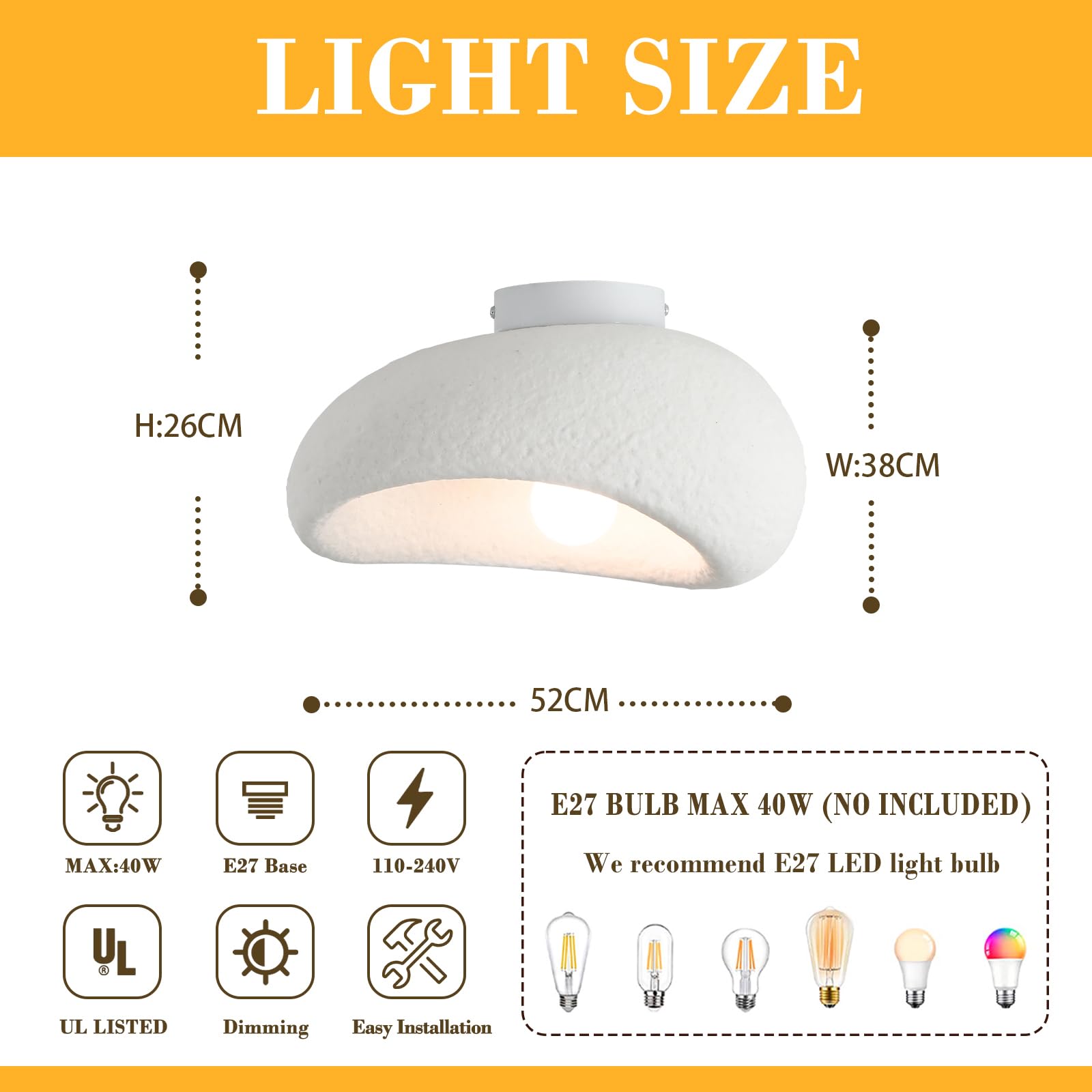 Lampa sufitowa wabi sabi, E27 Japońska lampa sufitowa do kuchni, wyspy, sypialni, jadalni, przedpokoju (A,50 cm)