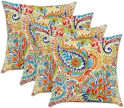 RSH Décor Indoor Outdoor Set of 17 x 17" inch Square Throw / Toss Pillows ~ Gilford Bright Primary Color Thin Line Floral Paisley - Choose Quantity (4)