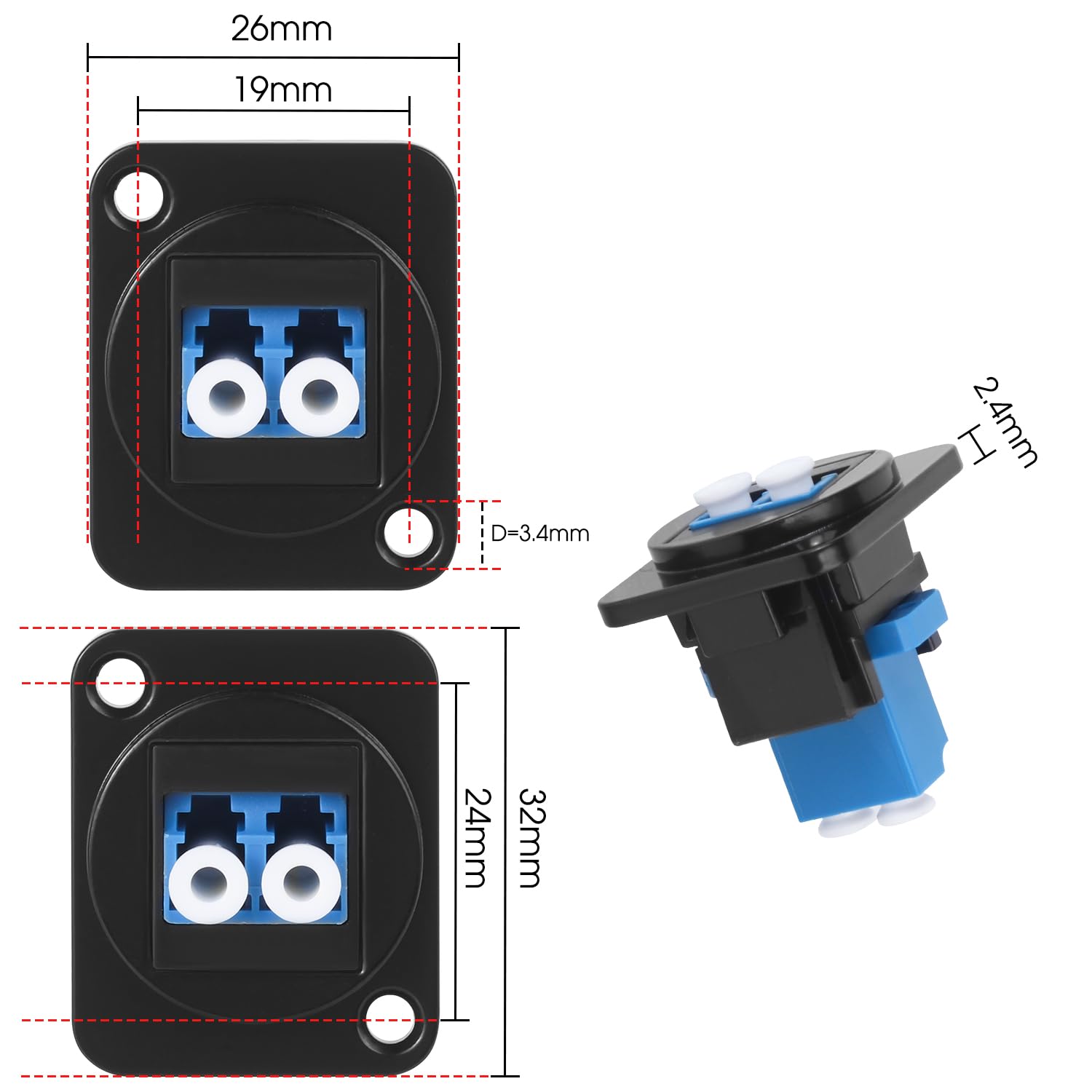5pcs LC to LC Fiber Panel Mount Adapter LC Duplex Singlemode Fiber Optic Keystone Connector Socket Module, XLR Panel/D-Panel Mount, for Fibre Optic Network LAN Integrated Cablin