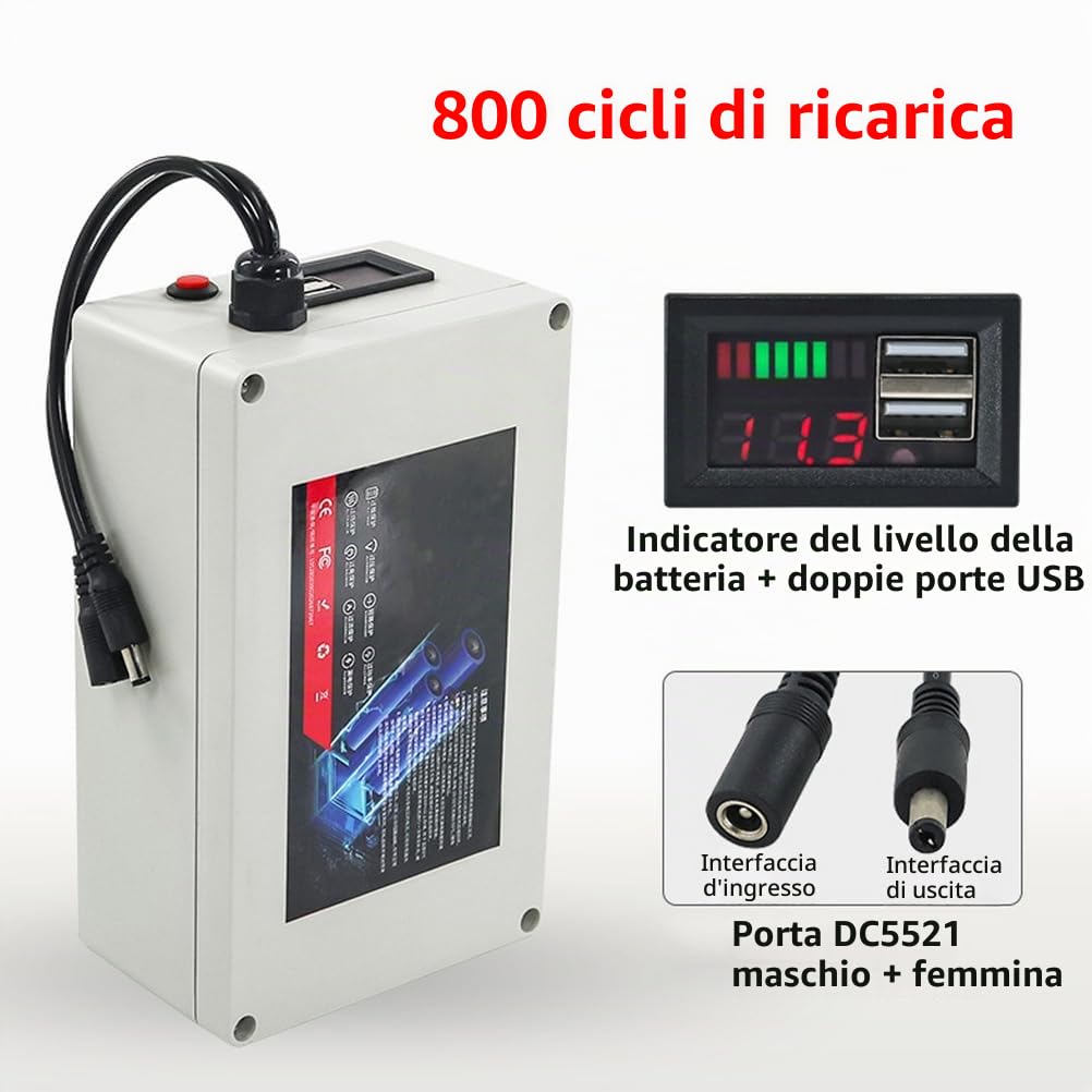 Batteria al Litio Ricaricabile da 12V, 10Ah, 15Ah, 20Ah, 30Ah, 40Ah, 50Ah, 60Ah, 80Ah, 100Ah, Pacco Batteria ad Alta capacità con caricabatteria e Display di Potenza.