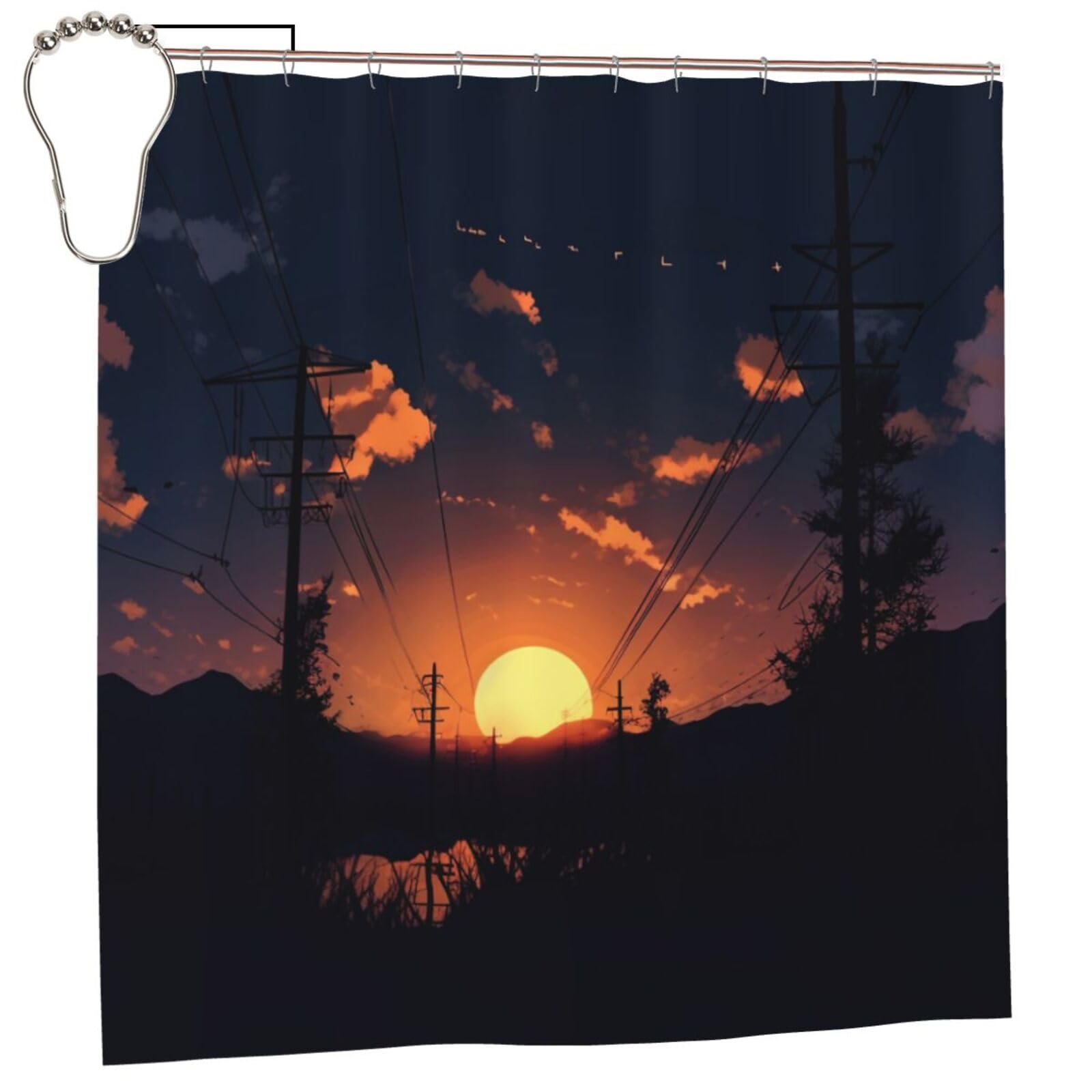 BWWHCCTI Dusk Scenery Printed Shower Curtain With 12 Iron Hooks Opaque Quick Drying Waterproof Shower Curtains Sets For Bathroom 183x183 CM