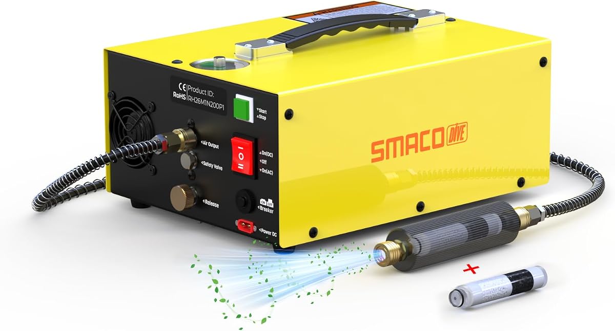SMACO PCP Air Compressor 4500Psi, Oil-Free Auto-Stop Portable HPA Compressor, Dual Power 12V DC & 110V/220V AC PCP Air Pump with Water/Oil Separator & Spare Filter for Paintball Scuba Tank Yellow