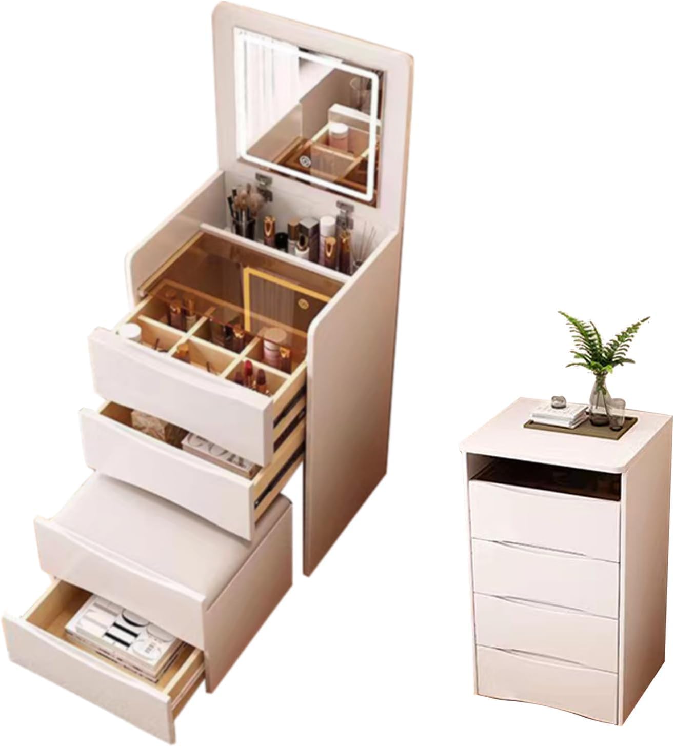 3 in 1 Vanity Desk, Compact Vanity Mirror with Lights Desk and Chair, Small Makeup Vanity Table, Three Color Adjustable Flip Mirror Light, Hidden Makeup Stool (White, 18.9in), YTSSZT01