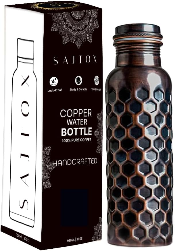 Pure Copper Water Bottle, 32oz, Antique Black, Ayurvedic Water Bottle with Lid, for Hiking, Camping, Home, Office, Gym, Travel, Outdoor Activities 950 ml