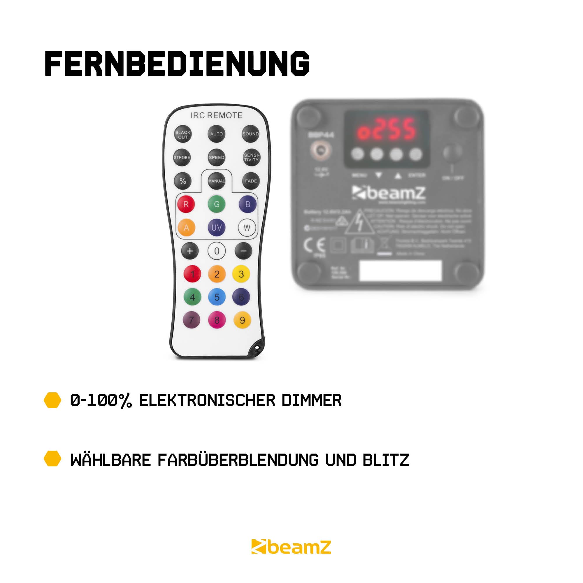 BeamZ BBP44 Akku Uplight 2er Set Mini 4x4 Watt LED Par Strahler Outdoor, RGWB, 25h Akkulaufzeit, IP65, Bühnenbeleuchtung, Soundmodus, 0-100% Dimmer, Automodi, Bühnenlicht, Inkl. Fernbedienung
