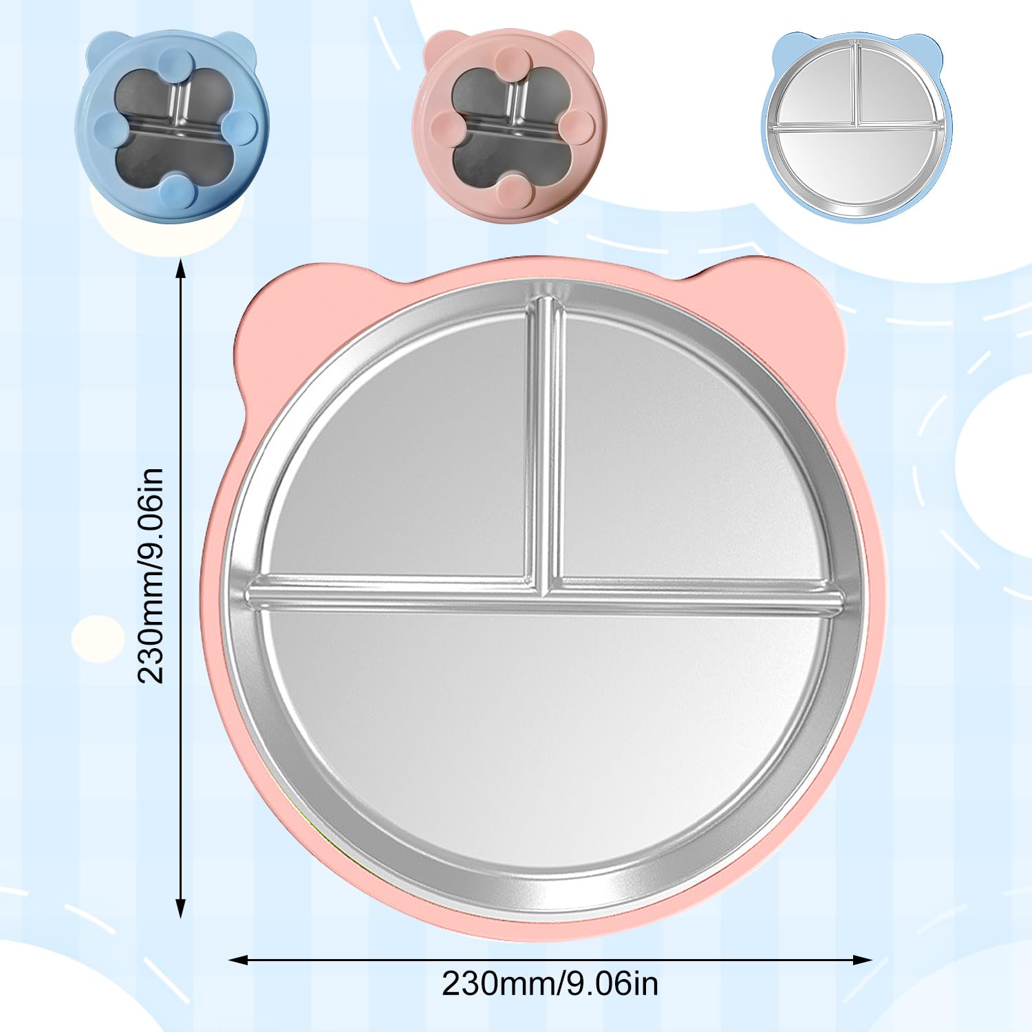 2 platos para bebés con ventosa, sin BPA, plato de acero inoxidable para bebés, plato para niños con funda de silicona extraíble (rosa +azul cielo)