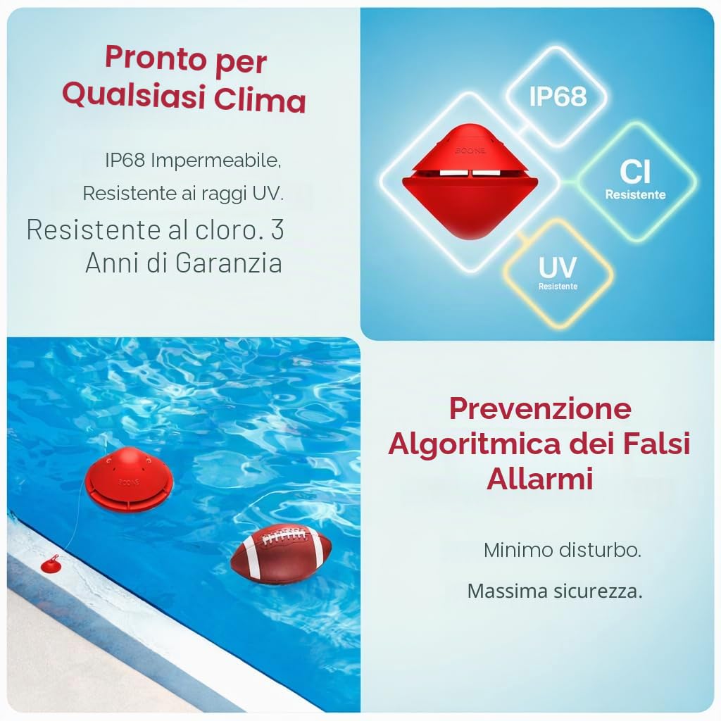 Lifebuoy BCone Smart Floating Pool sistema di allarme di sicurezza. Allarme potente sia sulla piscina che sulle unità domestiche.