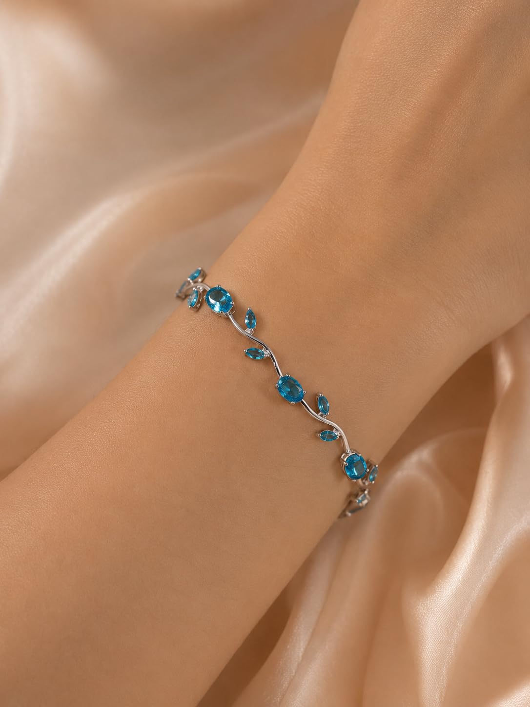 Silver-Toned TULIP Bracelet with Blue Oval Crystal Stones, Vine Leaf Design, Women's Fashion Jewellery-image-14