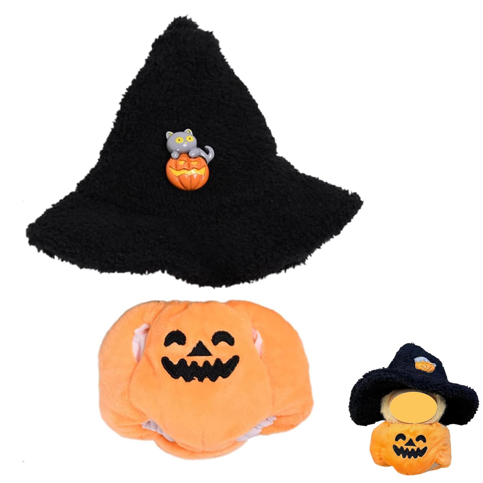 SSKHE Halloween Pumpkin Clothes for 17cm Dolls, Unisex Outfit with Black Witch Hat, Perfect for Halloween Day of the Dead